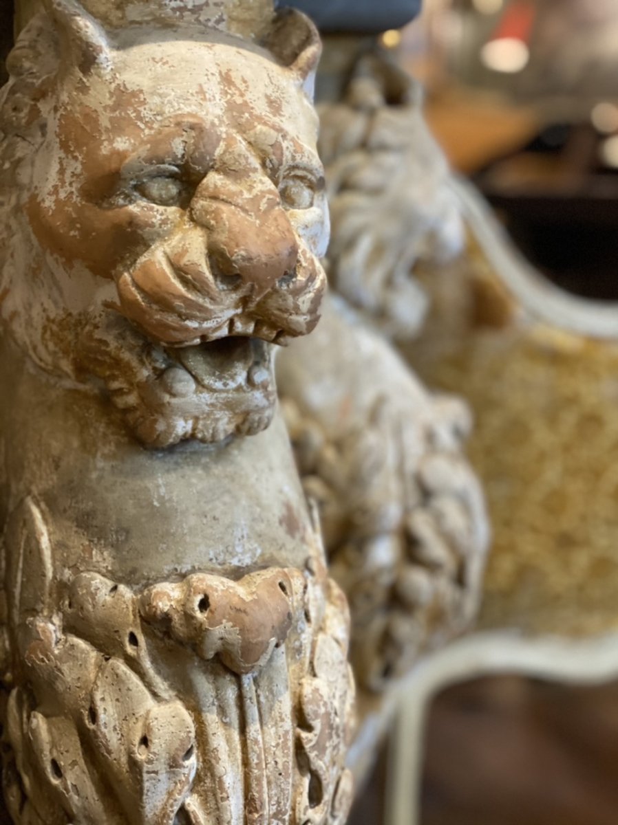 Pair Of Lions Console Support 19th In Terracotta-photo-2