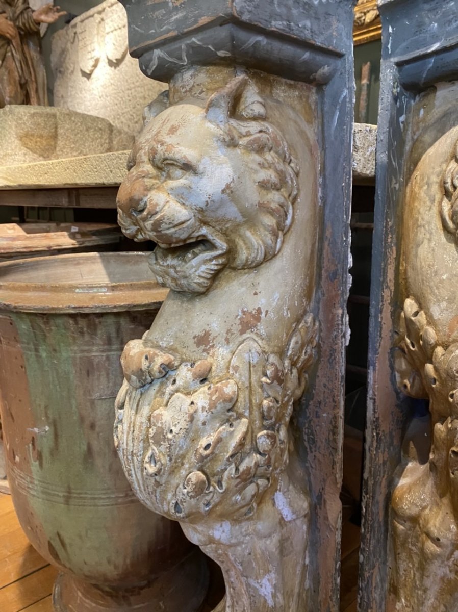 Pair Of Lions Console Support 19th In Terracotta-photo-4