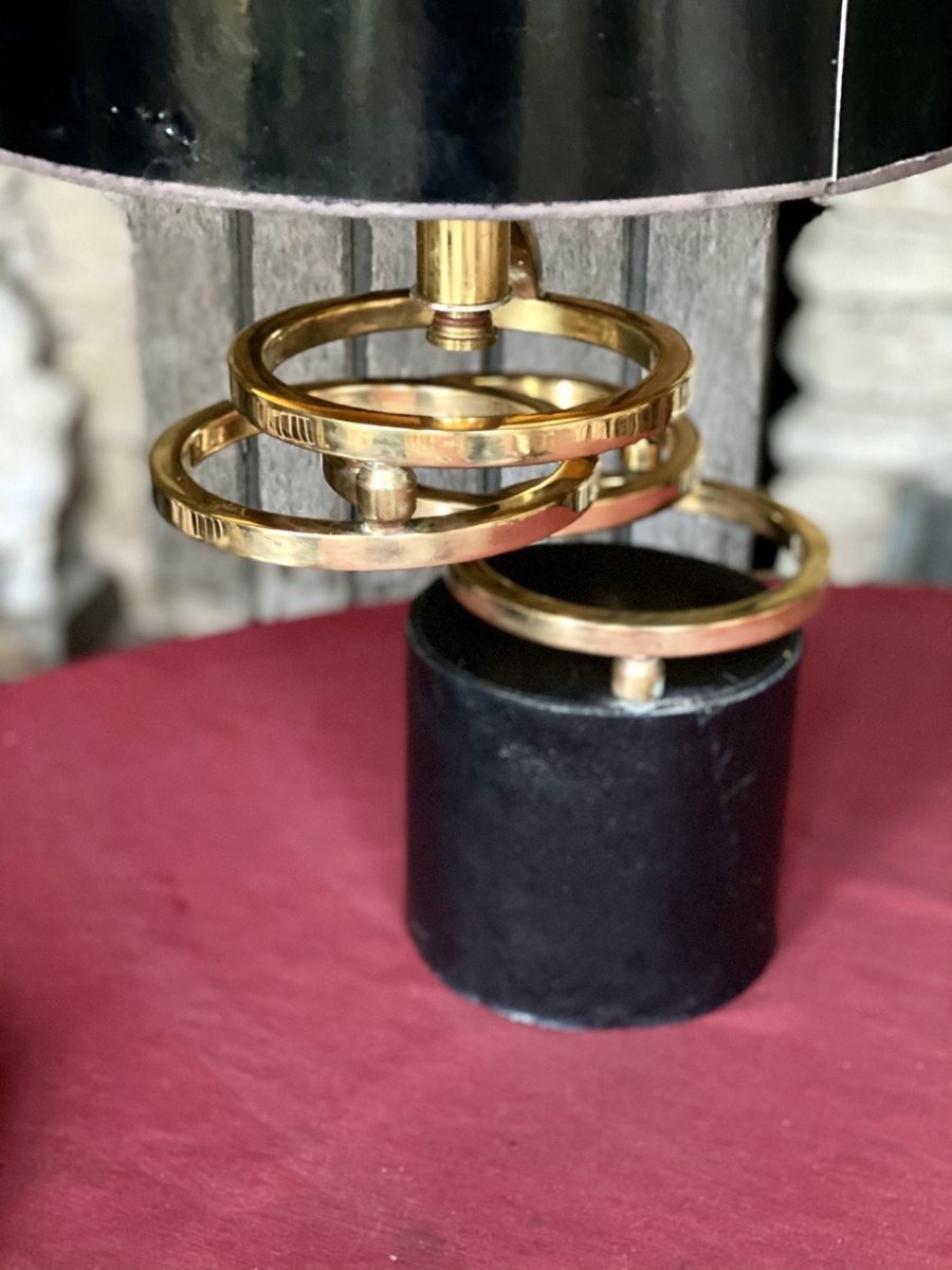 70s Design Lamp On A Black Leather Base With Golden Brass Rings-photo-1