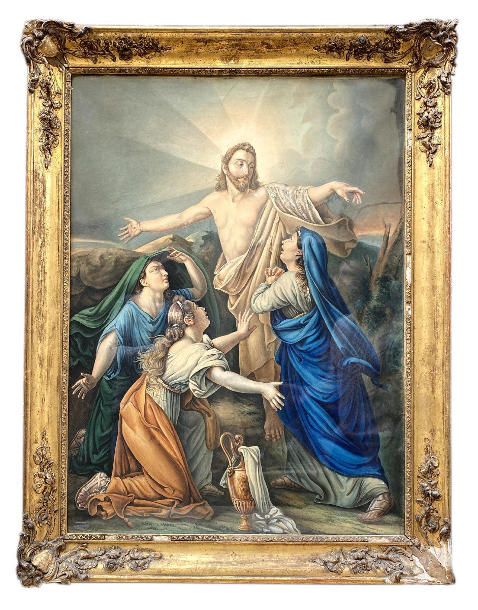    Étude à l'Aquarelle De Guillemot Représentant Le Christ Apparaissant Aux 3 Maries