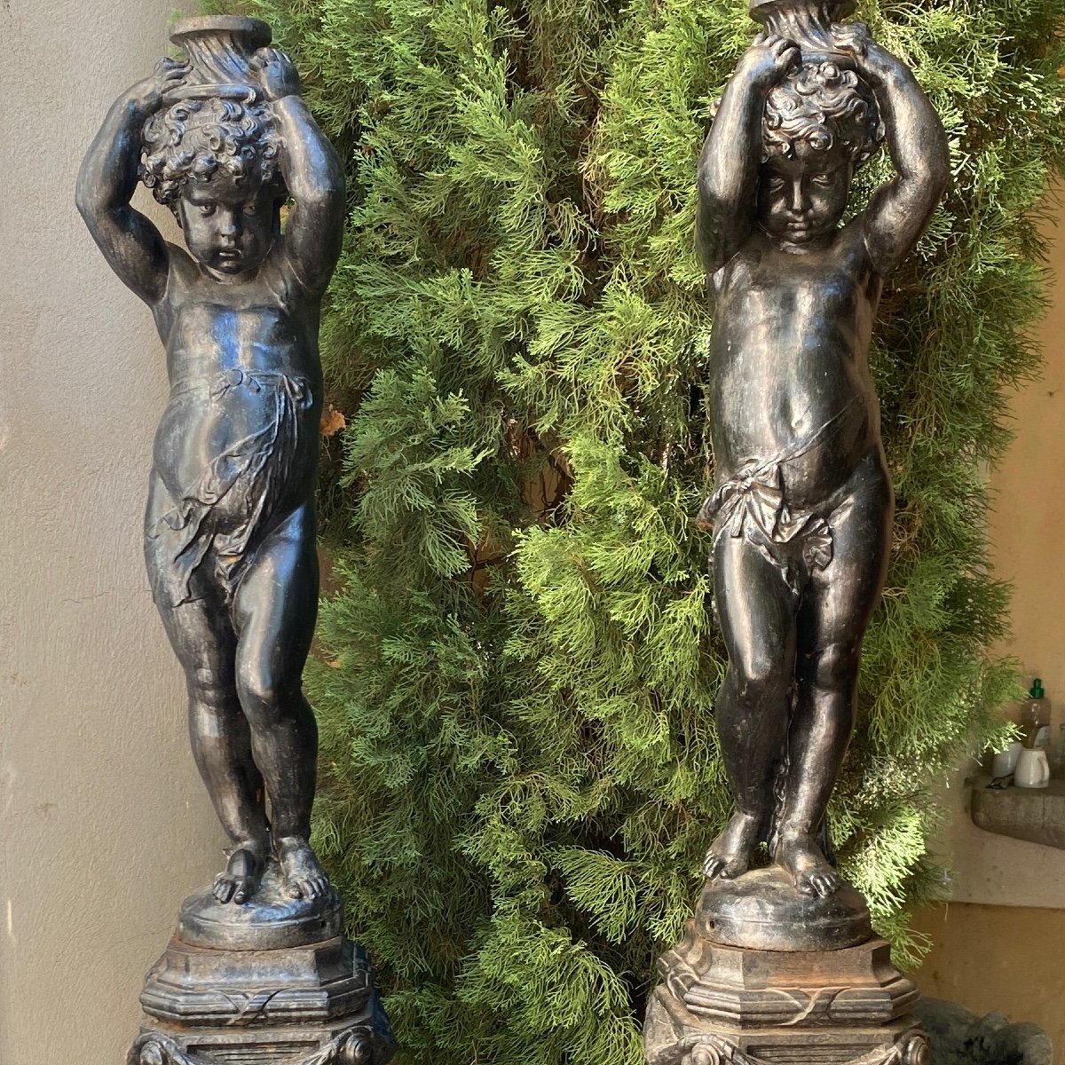 Pair Of Putti In Cast Iron On Column 19th-photo-3