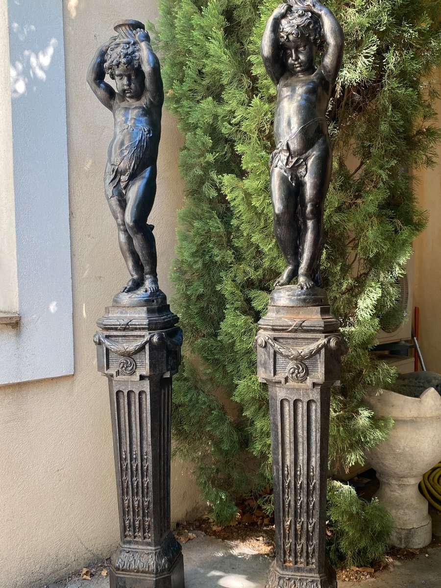 Pair Of Putti In Cast Iron On Column 19th-photo-7