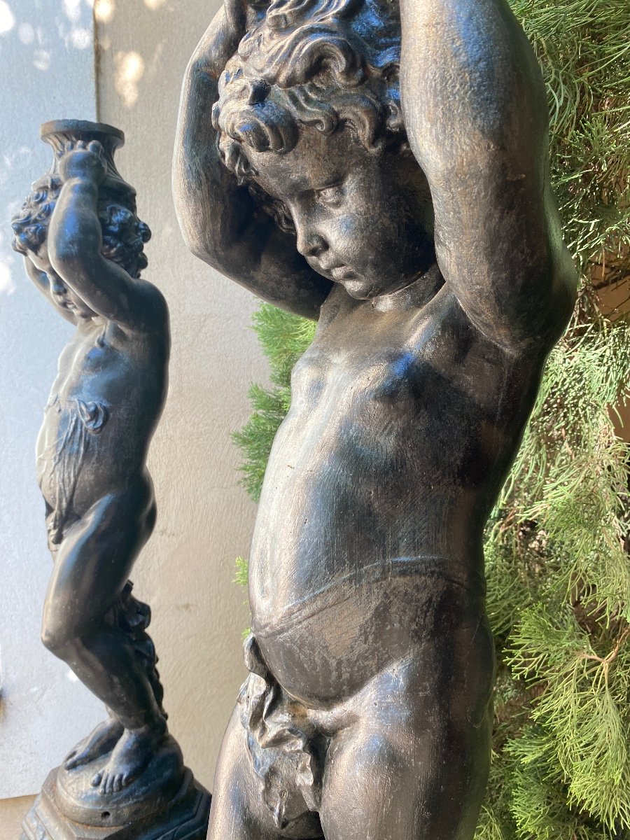 Pair Of Putti In Cast Iron On Column 19th