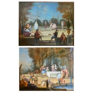 Pairs Of Scenes Galantes In A Park, Oil On Canvas Late 18th