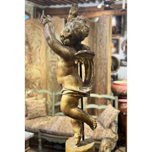 Gilded Wooden Cherub, 18th Century, On Yellow Sienna Marble Column