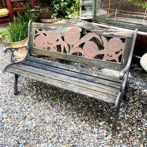 Bench With Sunflower Decor And Cast Iron Uprights 