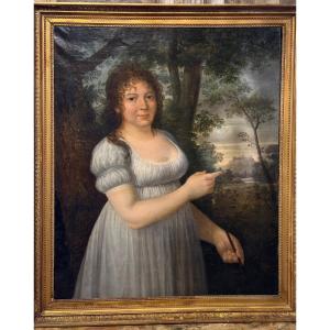 Portrait de femme Peintre au paysage – signé B. Gagneraux, 1800