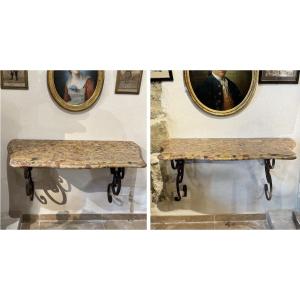 Pair Of Wrought Iron Consoles, 18th Century Interlacing, Top In Tholonet Breccia