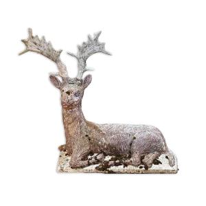 Cerf couché en ciment, sculpture de jardin – XIXᵉ siècle