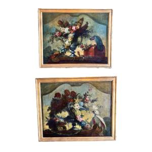 Pair Of Floral Still Lifes With Exotic Birds, 19th Century, In The Style Of The 18th Century