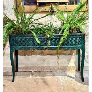 Jardinière d’intérieur style Louis XV – XIX siècle, en bois sculpté et peinte en vert