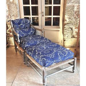 18th-century Painted And Straw-seated Chaise Longue From Provence – With Stool 