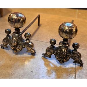 Pair Of Bronze And Wrought Iron Andirons With Grotesque Figures, 18th – Early 19th Century