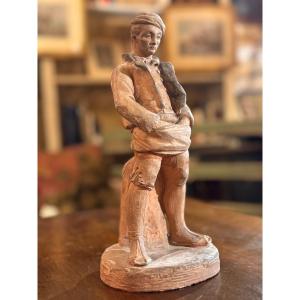 Terre cuite signée Mecret – Jeune pêcheur – Fin XIXe / début XXe siècle