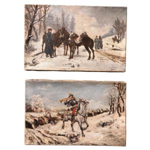 Pair Of Oils On Canvas - Charge Of Cuirassiers, 1870 War - Signed Boutarel