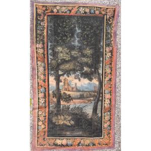 Grande toile peinte provençale XVIIIe – Paysage animé et bordure florale – 2,91 m