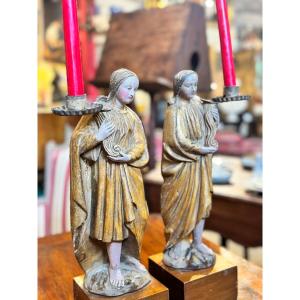 Pair Of Carved, Gilded And Polychrome Wood Angels - 18th Century