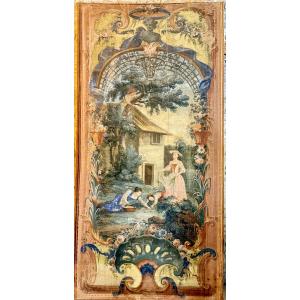Grande toile peinte provençale d’Aix-en-Provence – Scène pastorale du XVIIIᵉ siècle