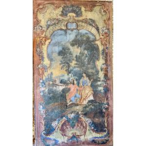 Grand panneau décoratif provençal du XVIIIᵉ siècle – Scène galante dans un paysage champêtre