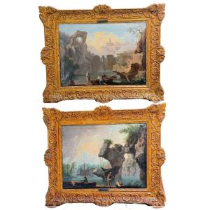 Paire de paysages italiens animés, signés L. De Martin et datés 1779, huiles sur toile