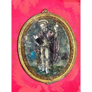 Painted Limoges Enamel Depicting A Saint, In A Rare Gilded Bronze Frame – Late 16th Century