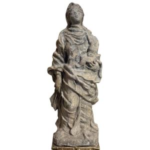 Vierge à l’Enfant en pierre calcaire – Sculpture d’oratoire – XVIIIᵉ siècle