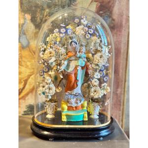 Virgin And Child Under A Glass Dome, Decorated With Dried Flowers – Provençal Santibelli, 19th Century