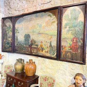 Large Painted Triptych – Medieval Scene In A Lakeside Landscape – 19th Century