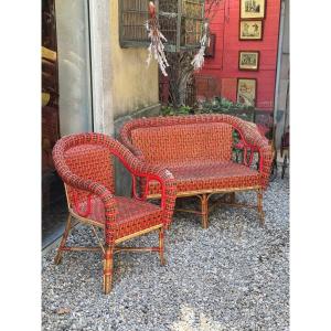 Banquette et fauteuil en rotin polychrome – vers 1920