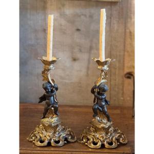 Pair Of Patinated And Gilded Bronze Candlesticks, Louis XV Rocaille Style – 19th Century