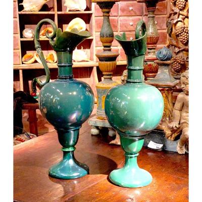 Two Ewers In Green Ceramics Early 20th