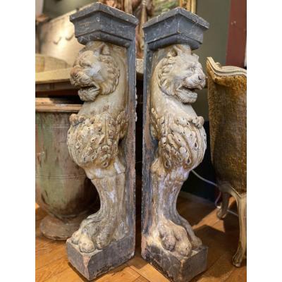 Pair Of Lions Console Support 19th In Terracotta