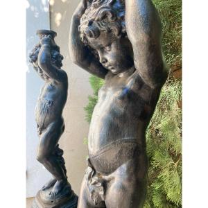 Paire De Putti En Fonte Sur Colonne 19ème 