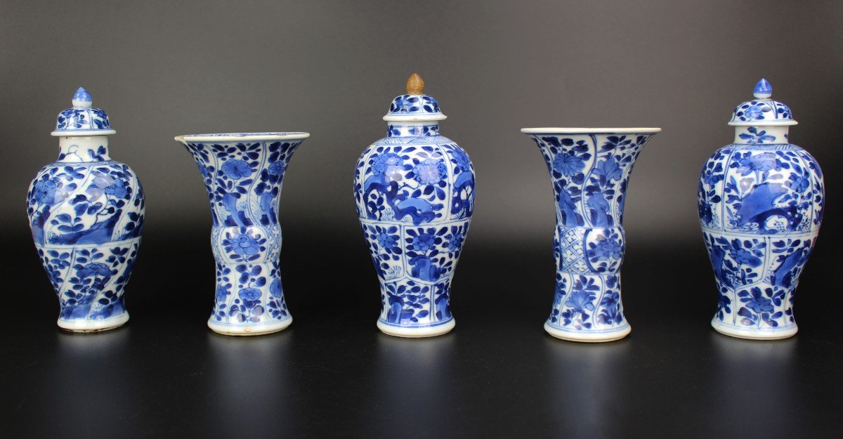 Porcelaine Chinoise Kangxi Garniture 5 Pièces Vases Bleus Et Blancs 17ème Siècle Dynastie Qing -photo-3