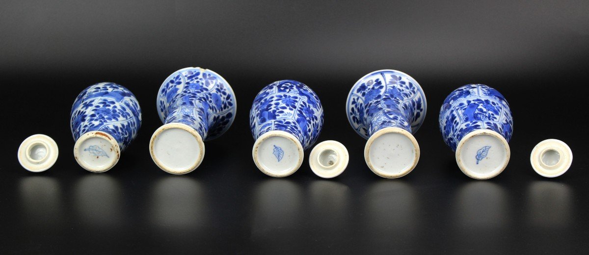 Porcelaine Chinoise Kangxi Garniture 5 Pièces Vases Bleus Et Blancs 17ème Siècle Dynastie Qing -photo-4