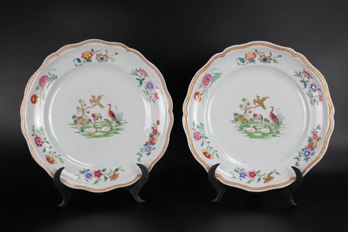 Porcelaine Chinoise Deux Plats Qianlong Fencai Famille Rose 18e Siècle Compagnie Des Indes