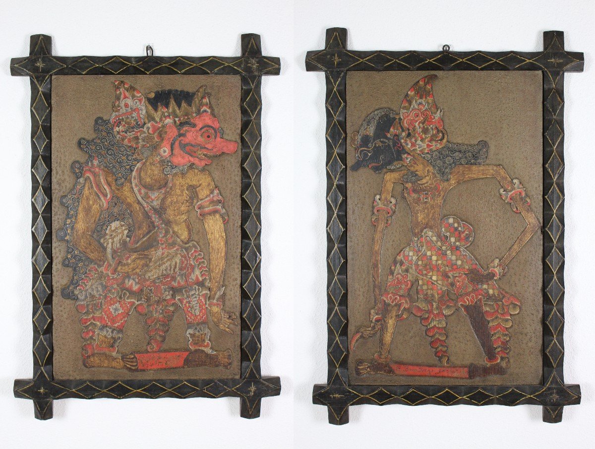 2 Antique Indonesian Javanese Wayang Mahabharata Polychrome Carved Wooden Panels