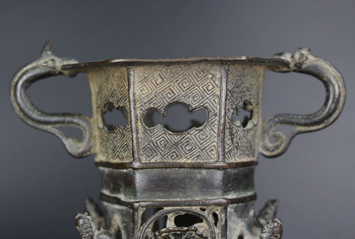 Vase Encensoir Réticulé En Bronze De La Dynastie Yuan Chinoise Pot à Pinceaux Objet De Lettré -photo-2