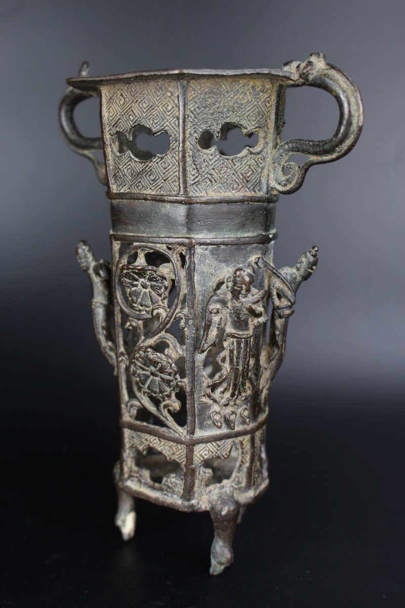 Vase Encensoir Réticulé En Bronze De La Dynastie Yuan Chinoise Pot à Pinceaux Objet De Lettré -photo-2