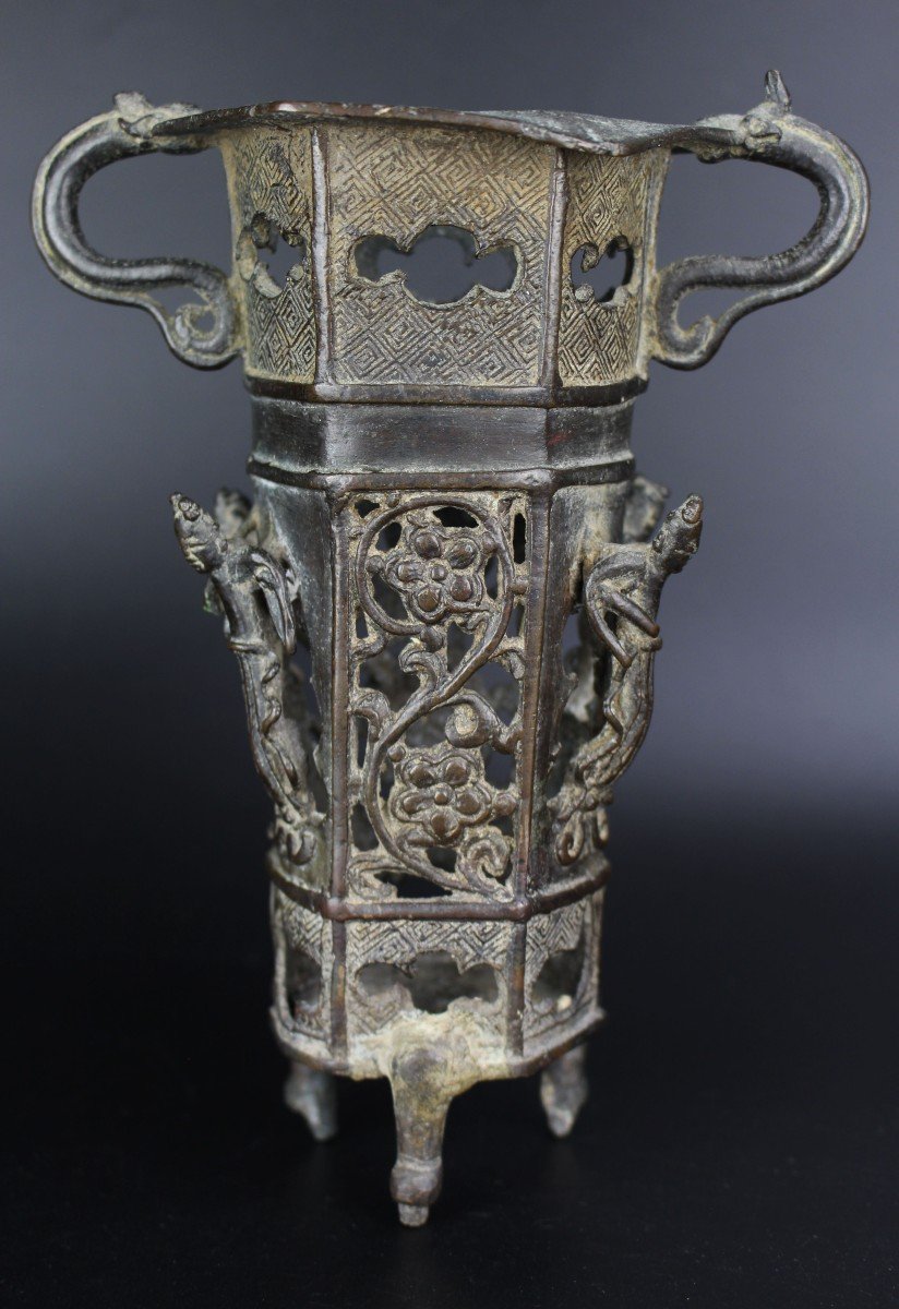 Vase Encensoir Réticulé En Bronze De La Dynastie Yuan Chinoise Pot à Pinceaux Objet De Lettré -photo-5
