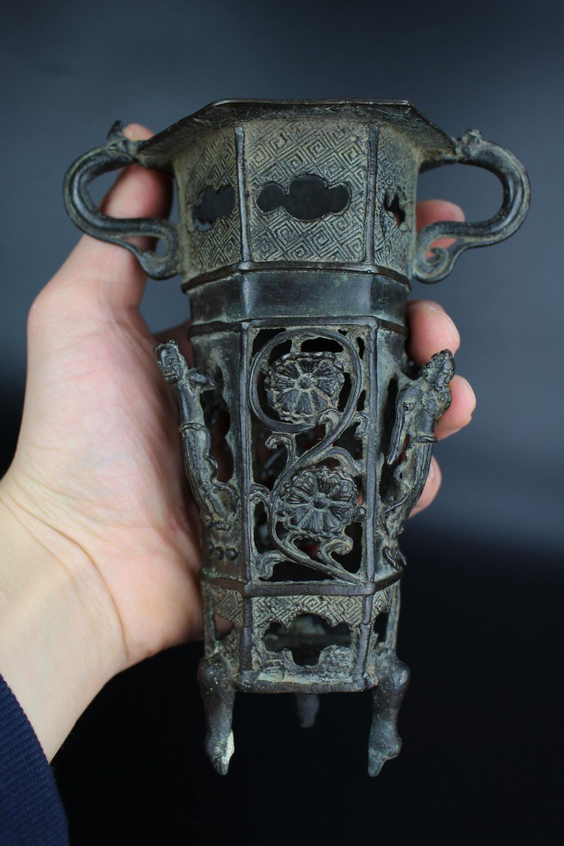 Vase Encensoir Réticulé En Bronze De La Dynastie Yuan Chinoise Pot à Pinceaux Objet De Lettré -photo-8