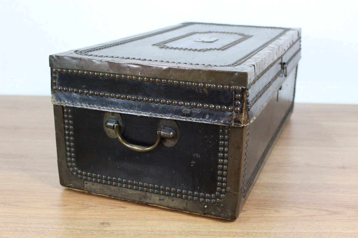 Chinese Export Leather Trunk China Trade Qing Dynasty Early 19th Century Antique Coffer C. 1820-photo-3