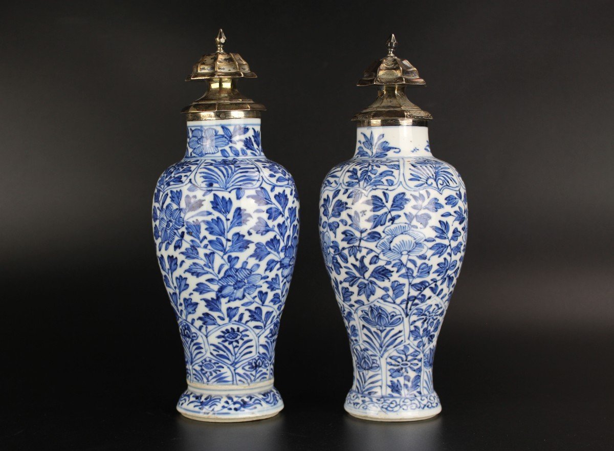 Chinese Porcelain Kangxi Blue And White Baluster Vases 2x Antique Silver Mounted Qing Dynasty-photo-2