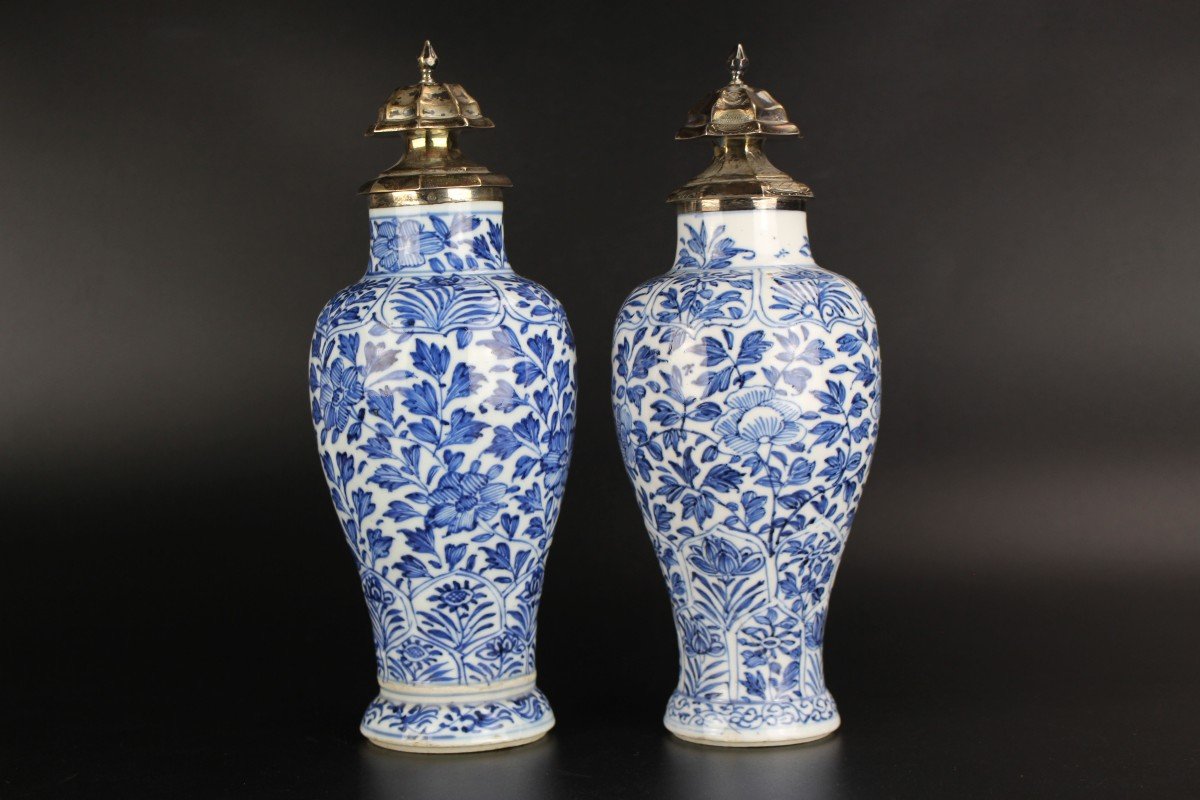 Chinese Porcelain Kangxi Blue And White Baluster Vases 2x Antique Silver Mounted Qing Dynasty-photo-3