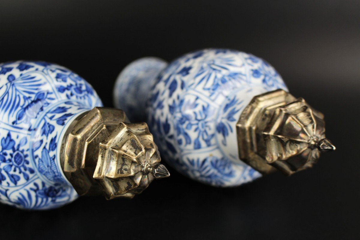 Chinese Porcelain Kangxi Blue And White Baluster Vases 2x Antique Silver Mounted Qing Dynasty-photo-1