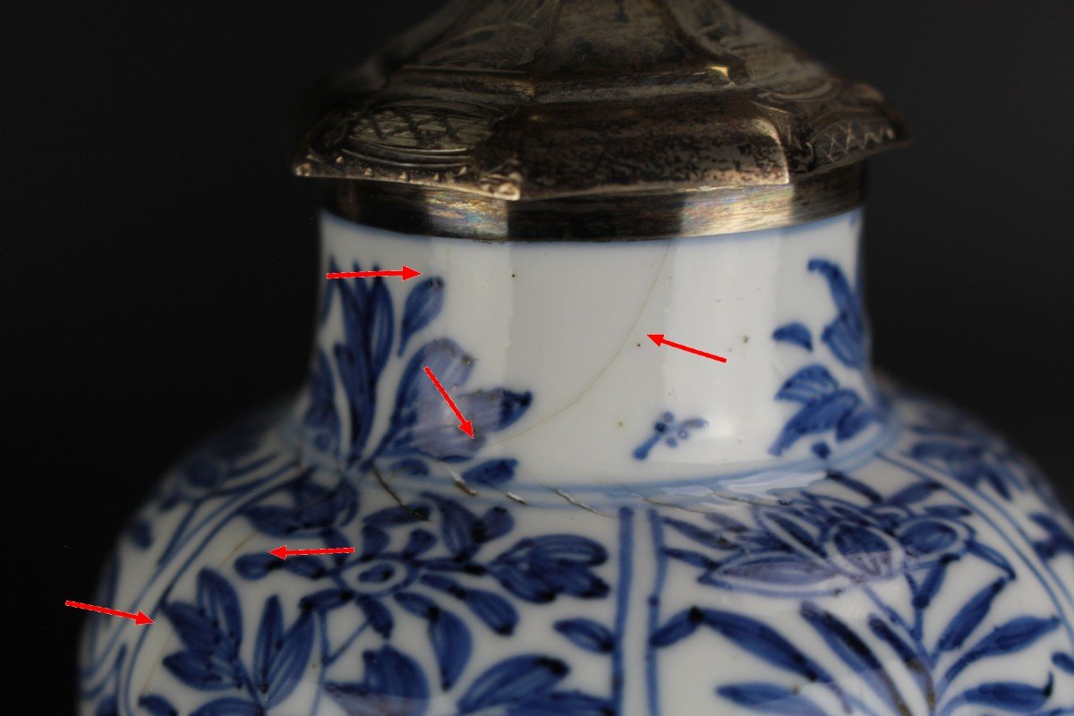 Porcelaine Chinoise Kangxi Vases Bleus Et Blancs Balustre Monté En Argent Antique Dynastie Qing-photo-5