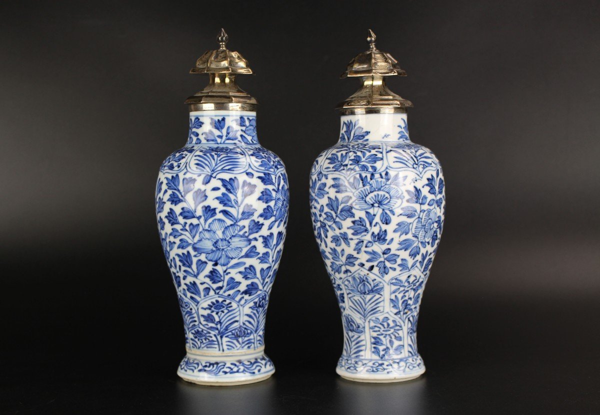 Chinese Porcelain Kangxi Blue And White Baluster Vases 2x Antique Silver Mounted Qing Dynasty