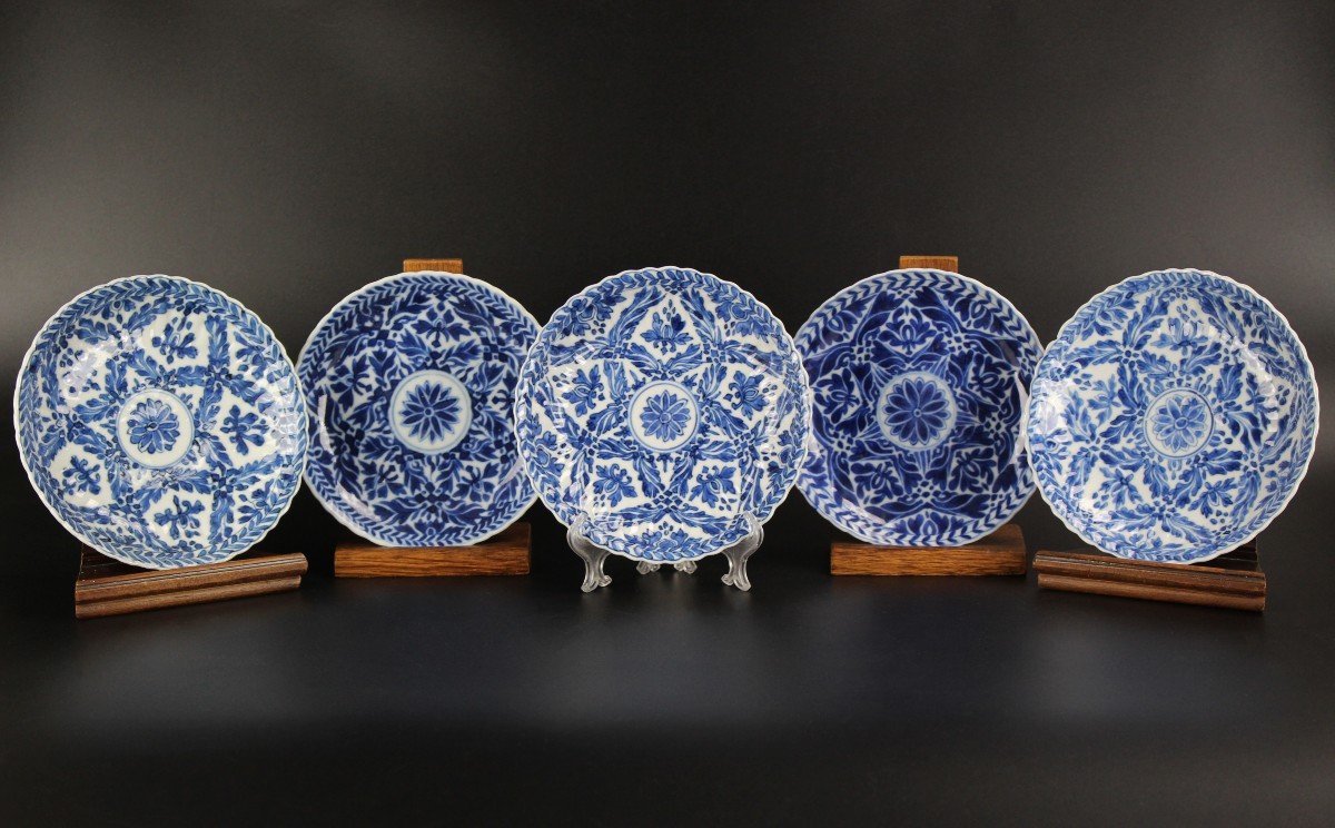 Soucoupes Kangxi En Porcelaine Chinoise 5x Tasses à Thé Antiques Bleues Blanches Dynastie Qing