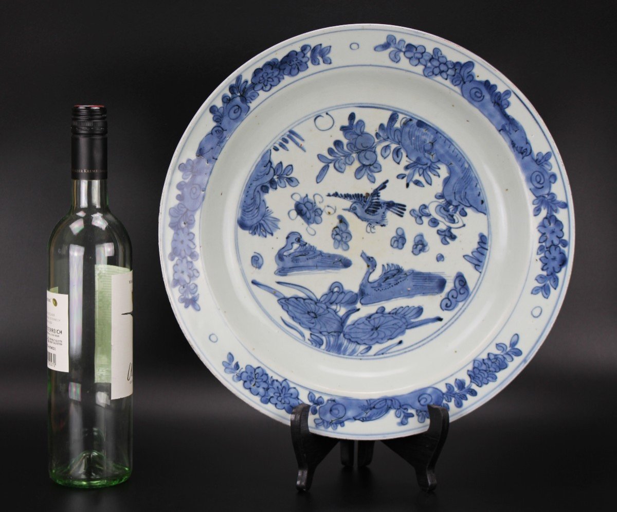 Grande Assiette Jiajing En Porcelaine Chinoise 35 Cm Plat Antique Bleu Et Blanc Dynastie Ming-photo-2