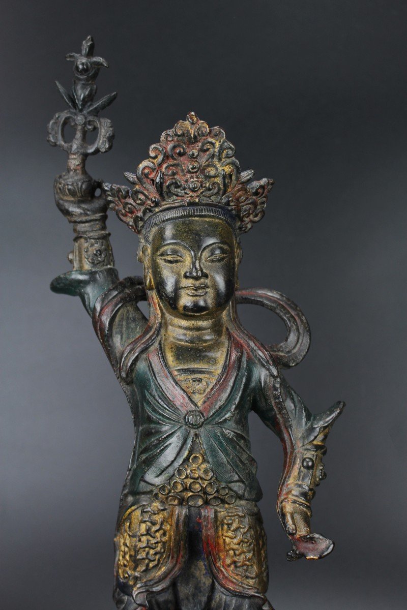 Figure Chinoise En Bronze De La Dynastie Ming Grande Parcelle Antique Dorée Sculpture Peinte-photo-2